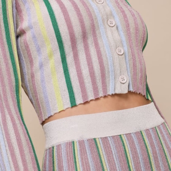 Lulus NWT Eye-Catching Trend Taupe Multi Striped Ribbed Cardigan Top - Picture 13 of 14